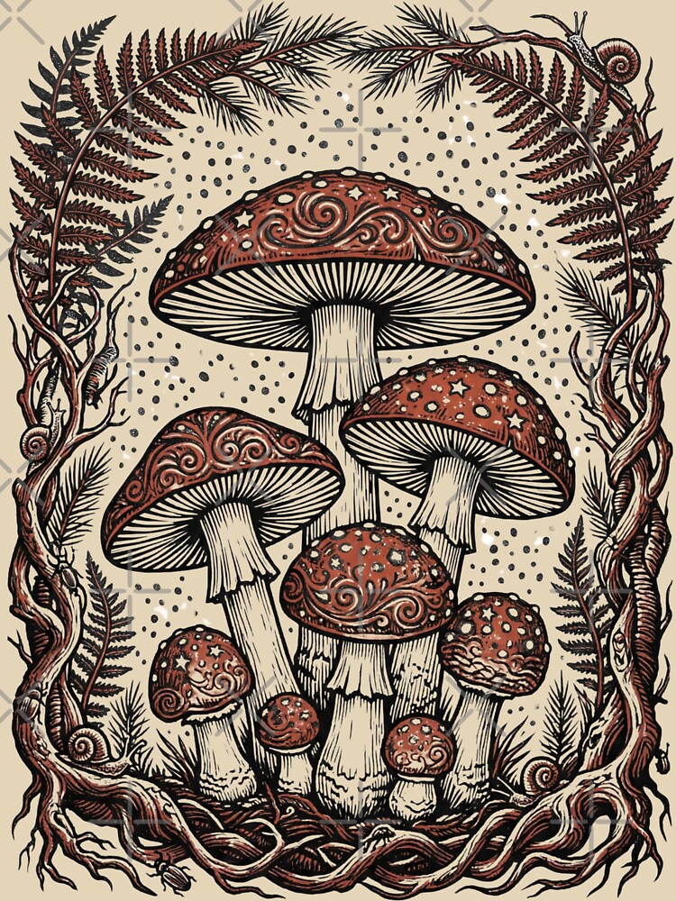 Vintage Mushroom Forest Linocut Botanical Art by singularitass