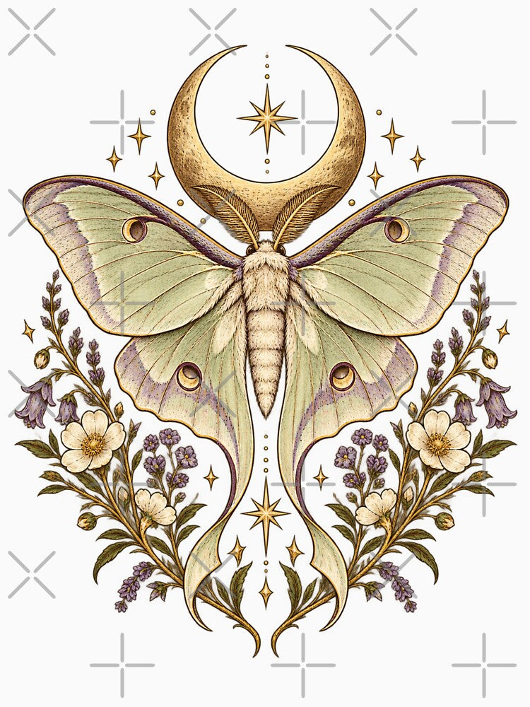Luna Moth Celestial T-Shirt – Moon & Botanical Moth Graphic Tee by RG3D Project