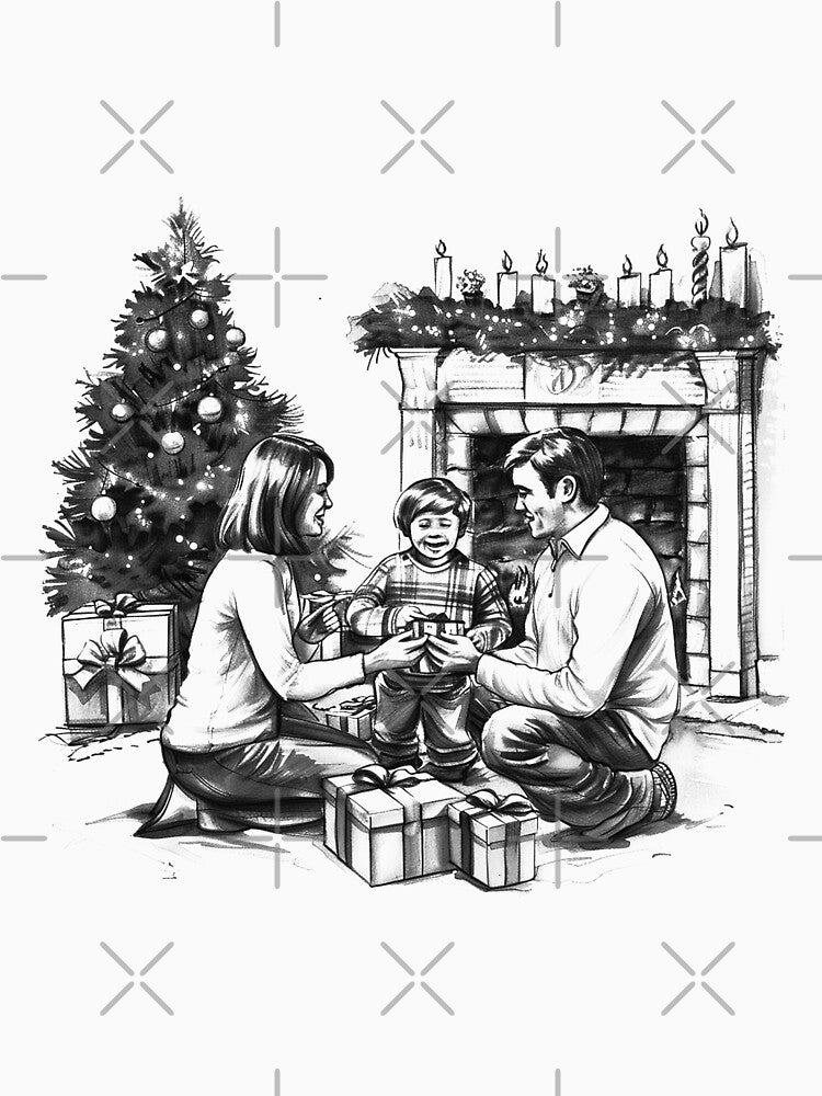 Cozy Family Christmas Morning – Black and White Holiday Illustration by inkoutninja
