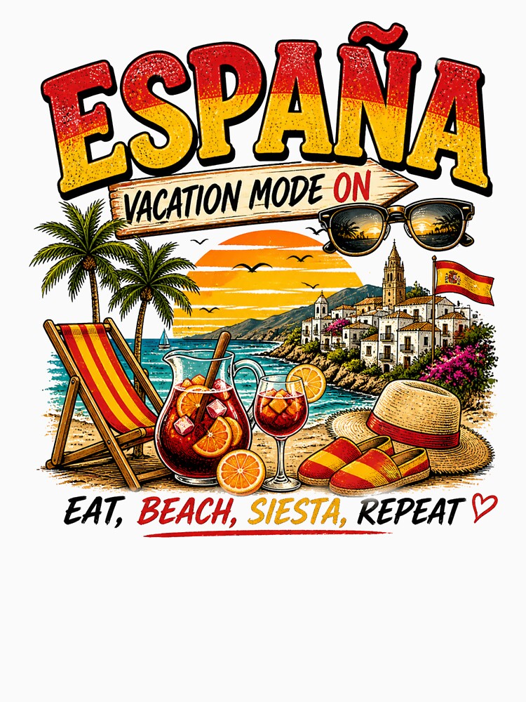 Spain Vacation Mode On T Shirt Eat Beach Siesta Repeat Funny Holiday Spain Tee by PetsSounds