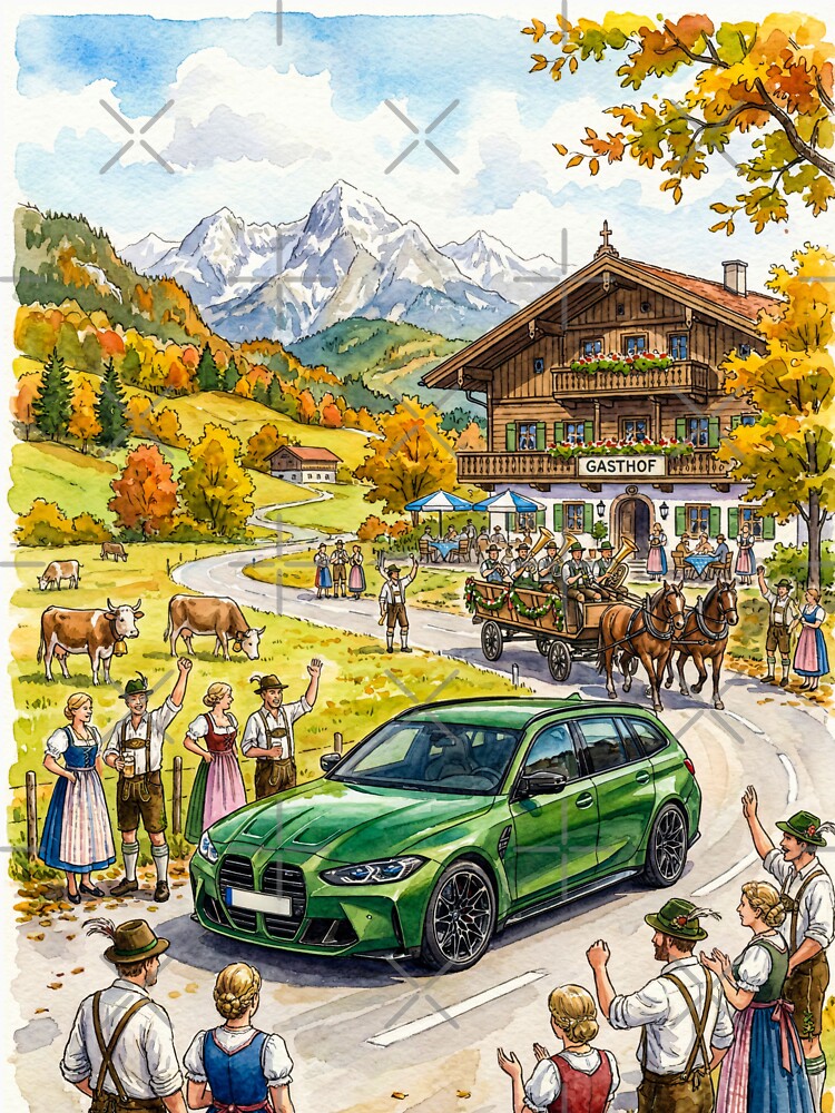 Modern touring car passing a festive mountain inn by RevUpDesign