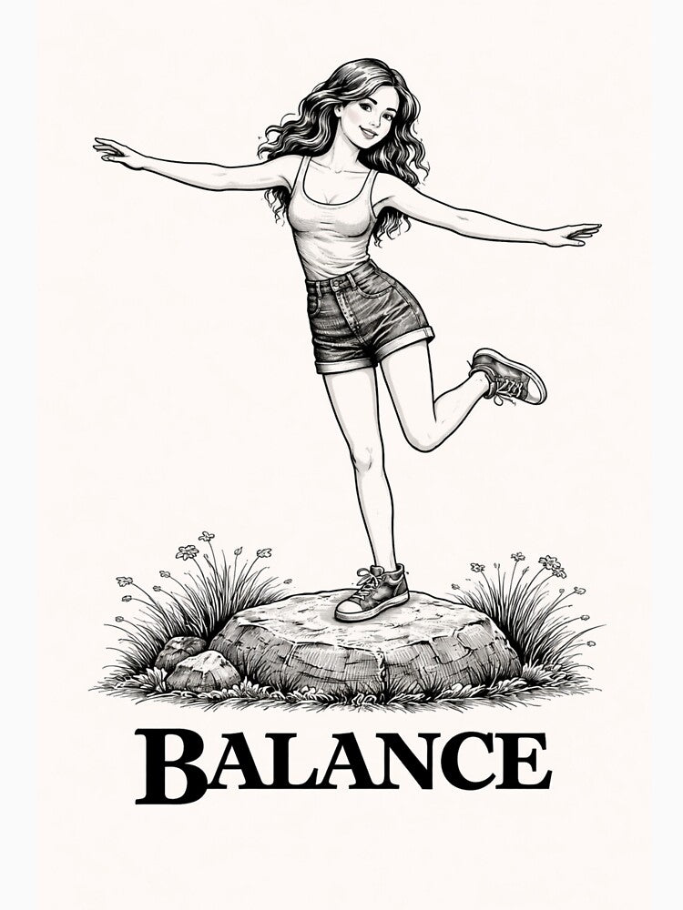 Balance Aesthetic Vintage Girl Black and White Minimalist Retro 70s Graphic Tee Design by VINTAGEPUNTEES