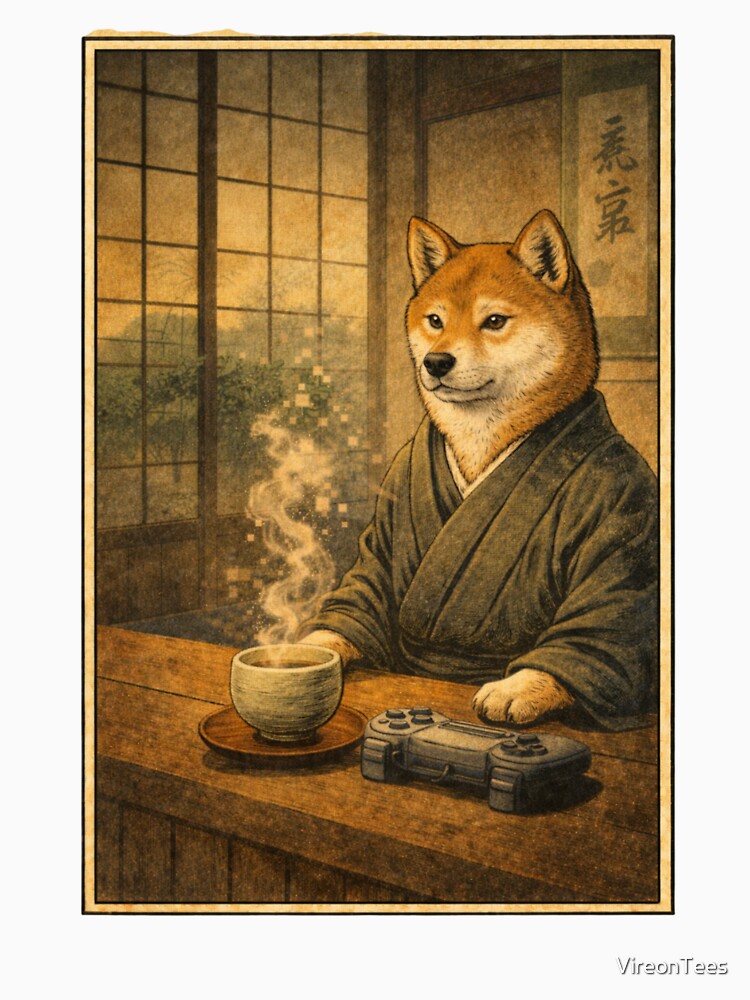 Zen Gamer Shiba – Samurai Dog Digital Art | Japanese Aesthetic Gaming T-Shirt by VireonTees