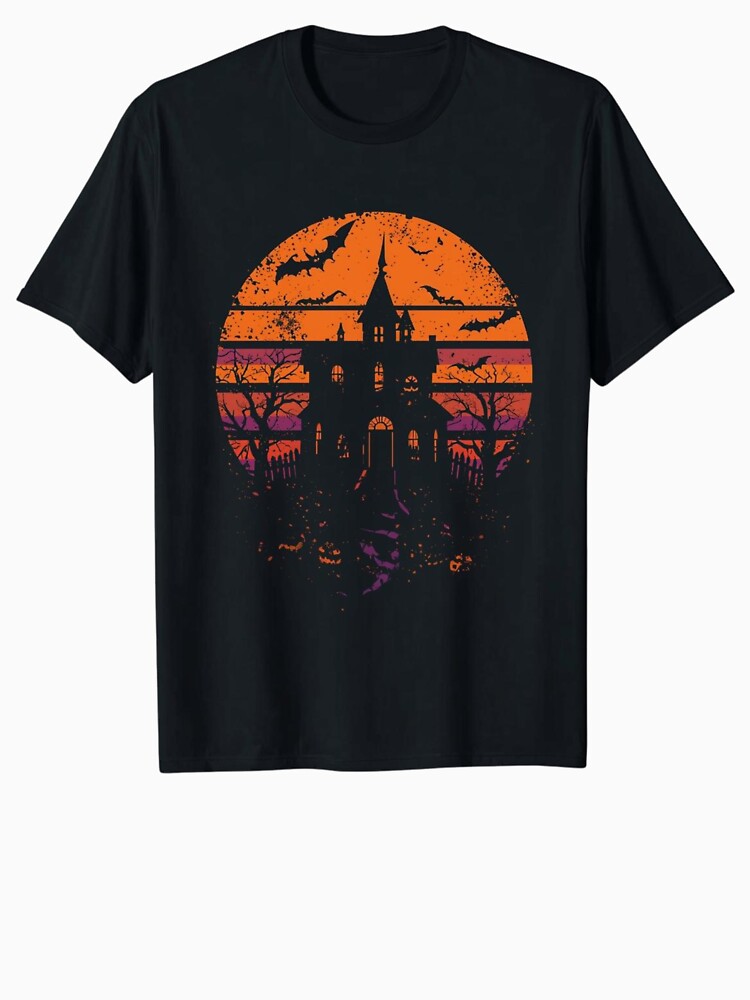 Vintage Haunted House Halloween Shirt – Retro Spooky Sunset Tee with Bats & Pumpkins by UmazDesigns