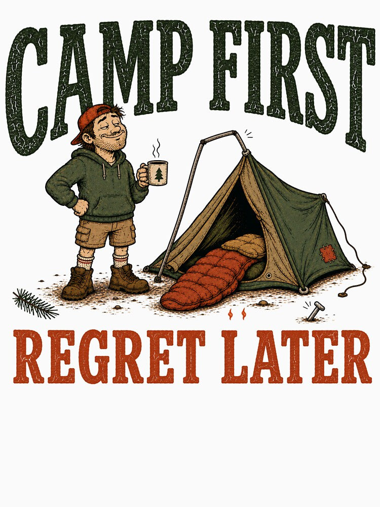 Camp First Regret Later Adult Camping t-shirt by TWYtees