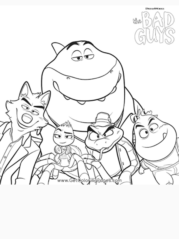 “The Bad Guys Cartoon Coloring Page – Funny Animal Gang Illustration (Wolf, Snake, Shark, Piranha, Tarantula)” by EssentialsWear