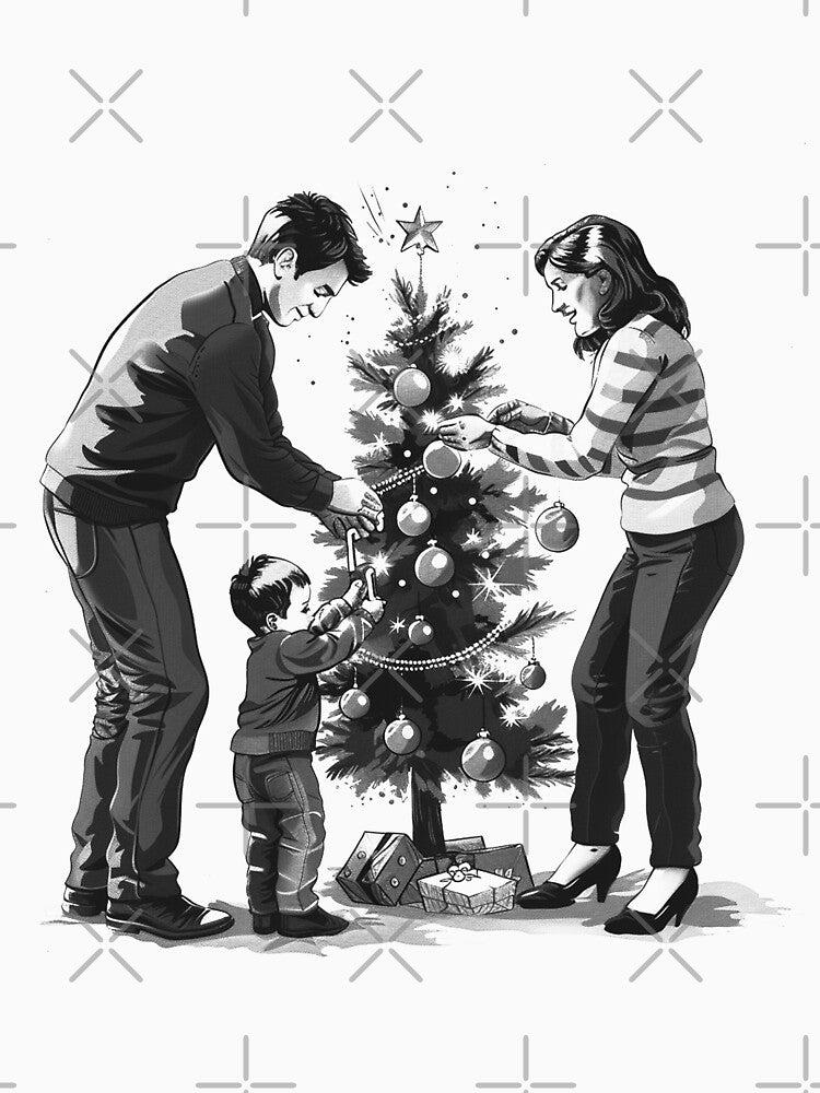 Family Decorating Christmas Tree – Black and White Holiday Illustration by inkoutninja