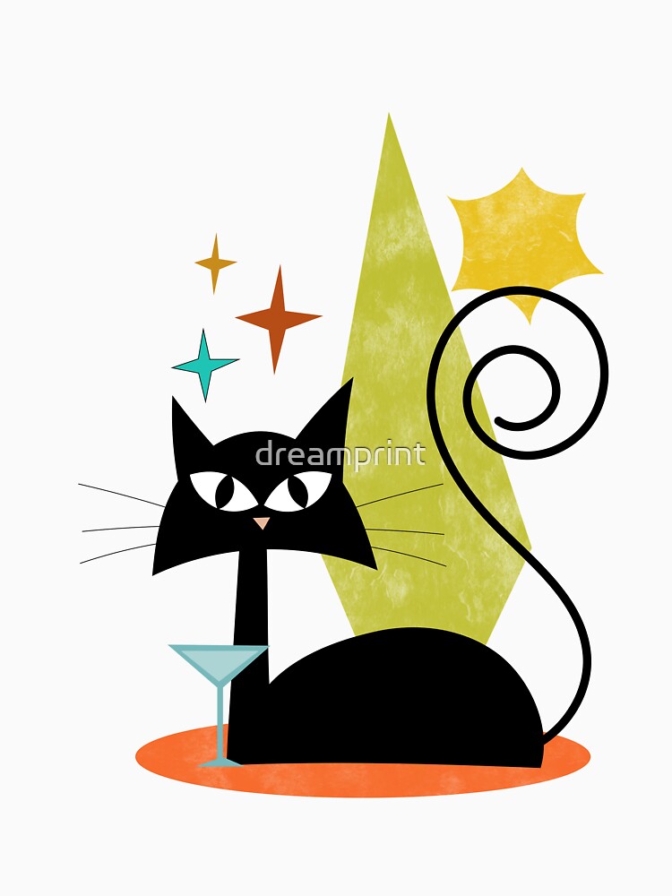 Mid Century Cat Sitting & Sipping by dreamprint