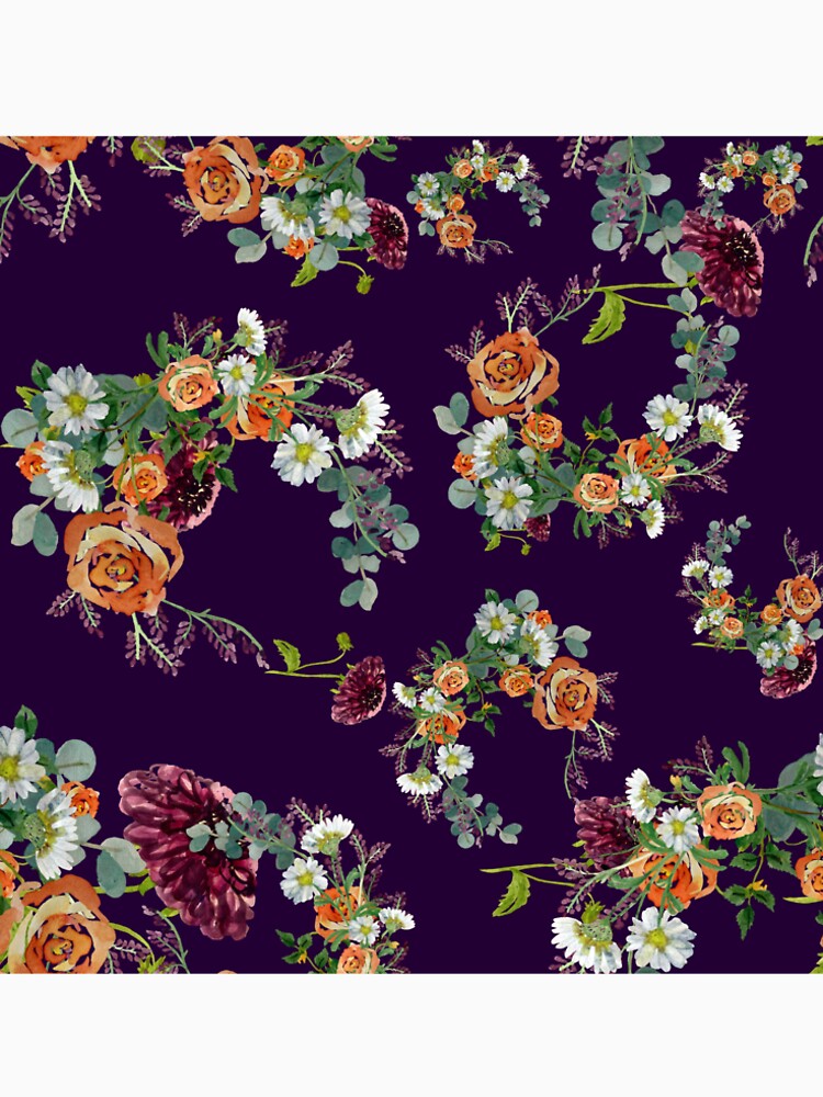 Dahlia red rose daisy pattern watercolor violet by Yana Mustafina | Boho Soulful Designs