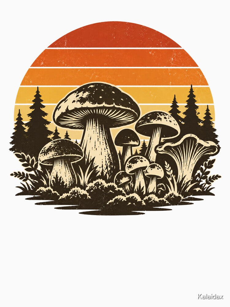 Vintage Forest Foraging Fungi Retro T-Shirt by Kalaidax