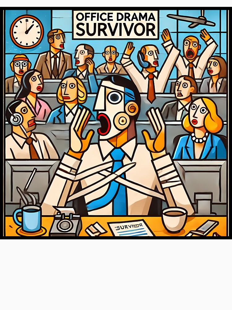 Office Drama Survivor – Funny Cubism Art T-Shirt by OzzFrequency