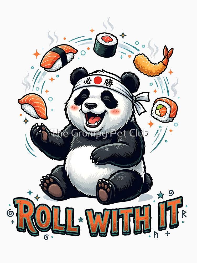 Funny Juggling Panda Sushi - Roll With It Kawaii Foodie Pun by The Grumpy Pet Club