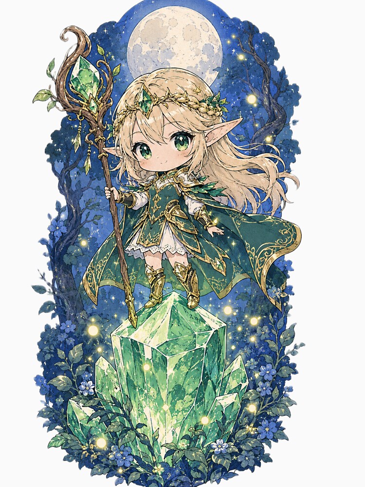 Chibi Elf Mage Girl on Emerald Crystal Moonlight by UhuCriei