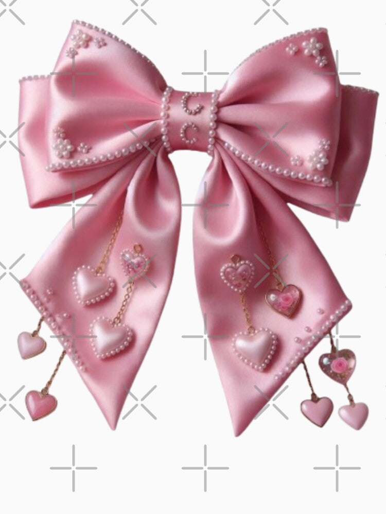 Large elegant pink satin coquette bow with tiny pearls and dangling hearts, soft girl aesthetic by polo-designs