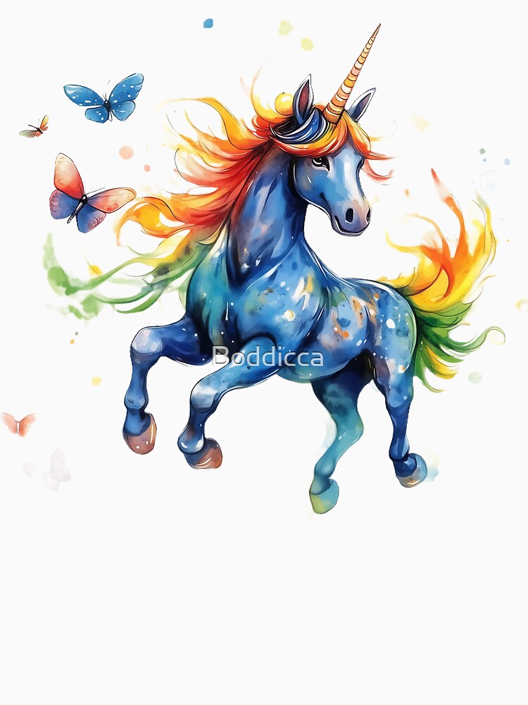 Rainbow Unicorn Dancing with Butterflies by Boddicca
