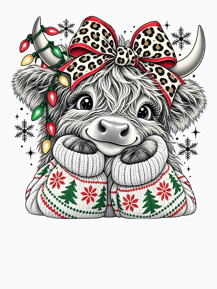 Christmas Highland Cow Cute Cow in Christmas Sweater and Bow by HUTEND