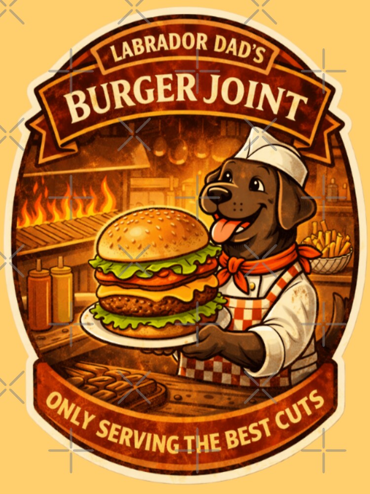 Labrador Dad's Burger Joint | Chocolate Lab Chef Vintage Badge | Funny Dog Burger Lover Gift by PawPrintCustom