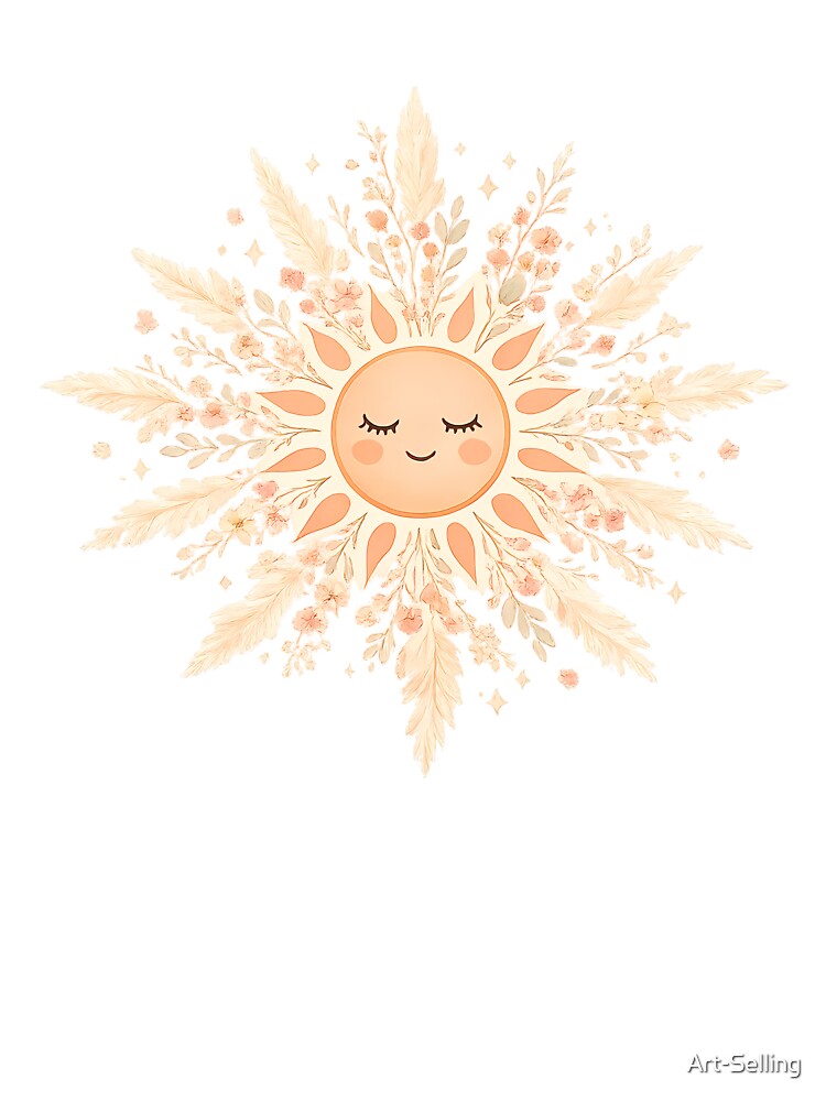 Boho Sun Face with Pampas Grass and Wildflowers — Celestial Floral Art by Art-Selling