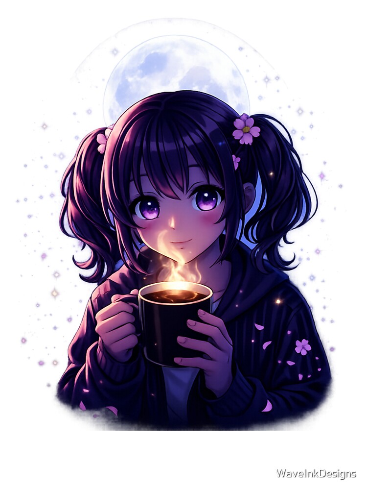 Cozy Night Anime Girl Coffee Moon Glow Aesthetic Design by WaveInkDesigns
