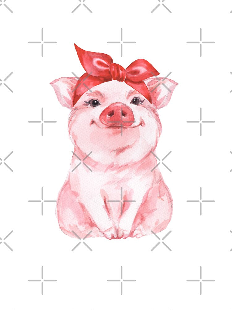 Cute Pig with Red Bow Headband | Hand-Painted Farm Animal Art by Gribanessa