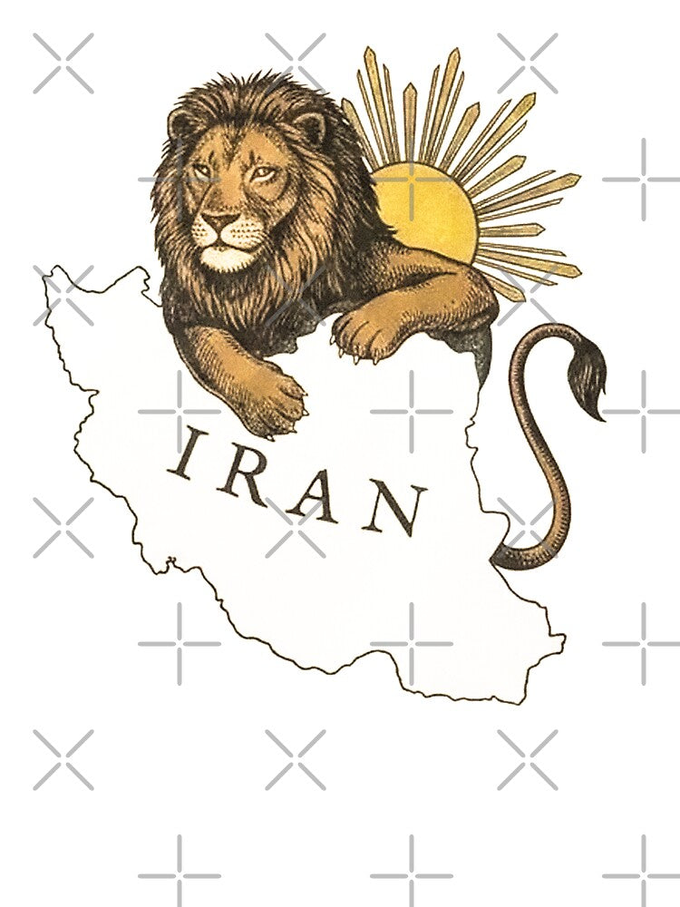 Persian Lion and Sun Over Iran Map – Javid Shah Symbol, Iranian Heritage Design, Shir o Khorshid Art by Mossypixels