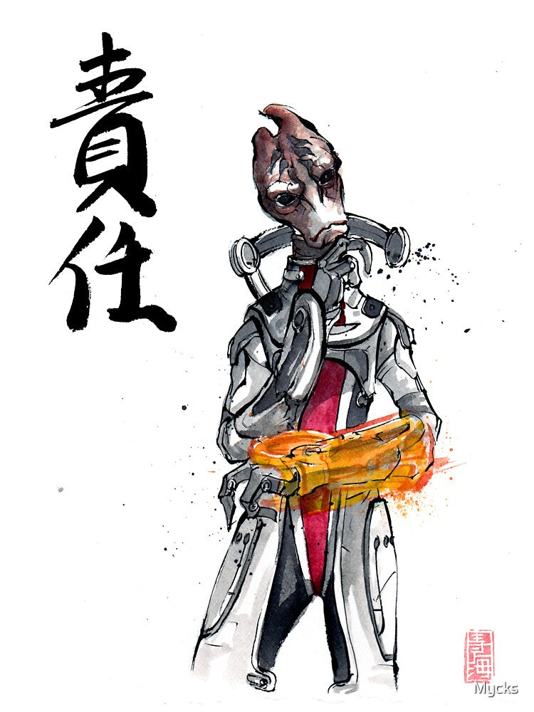 Mordin from Mass Effect Sumie Style with calligraphy Responsibility by Mycks