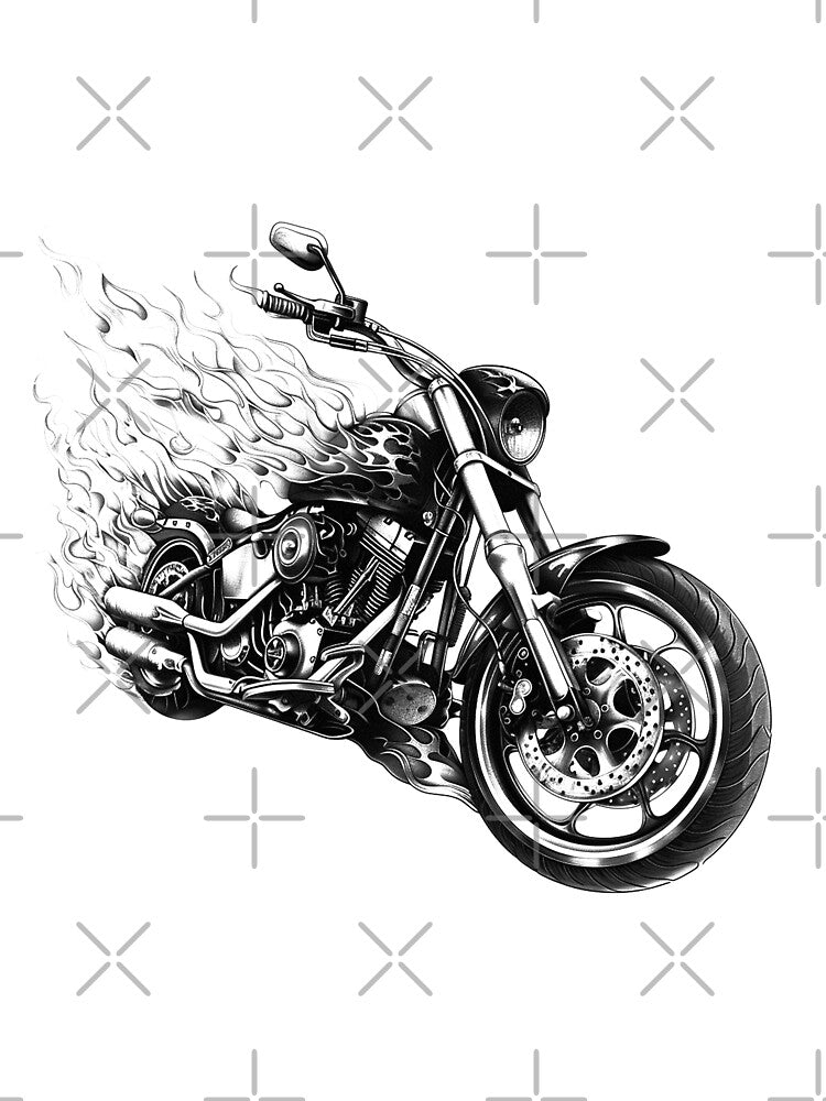 Flaming Chopper Motorcycle – Biker Hot Rod Flame Art (Black & White) by inkoutninja