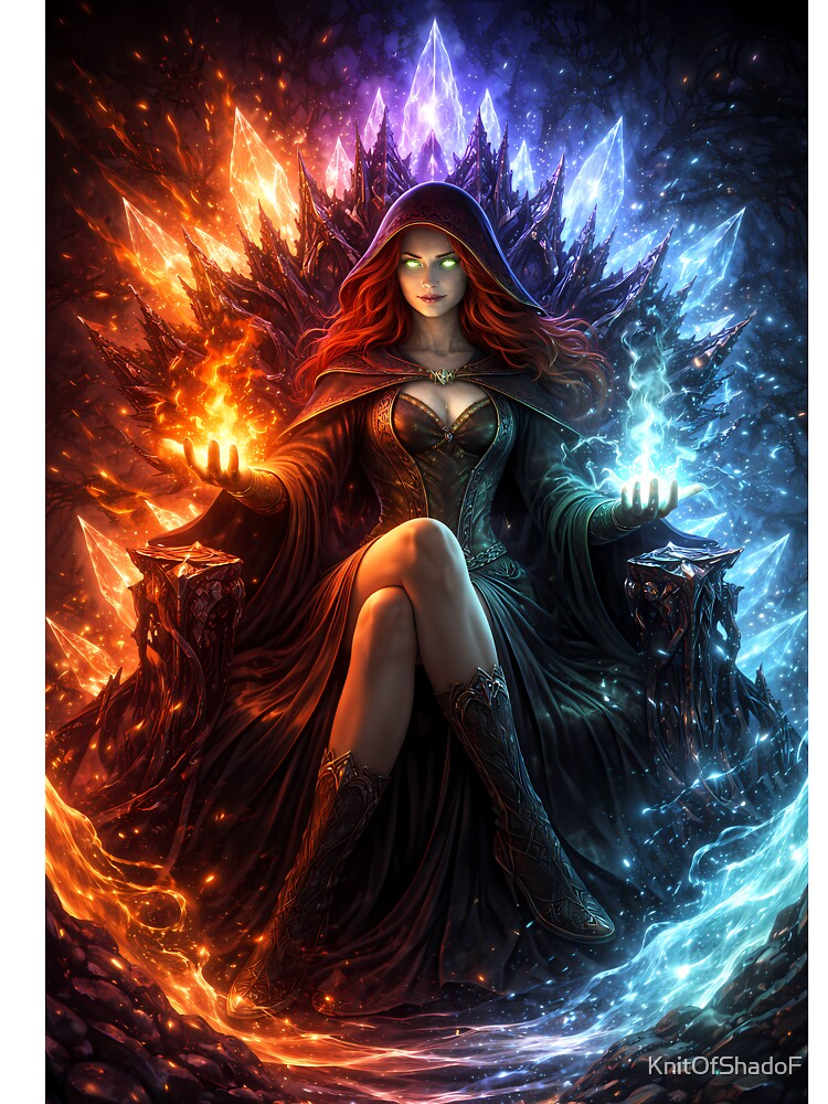 Fire Ice Sorceress Magic Throne Fantasy Art by KnitOfShadoF