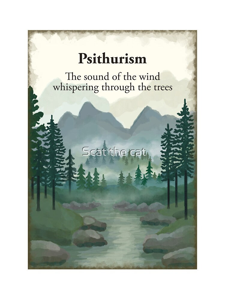Psithurism The sound of the wind whispering through the trees. Misty forest woodland, river, hills mountains painting by Scat the cat