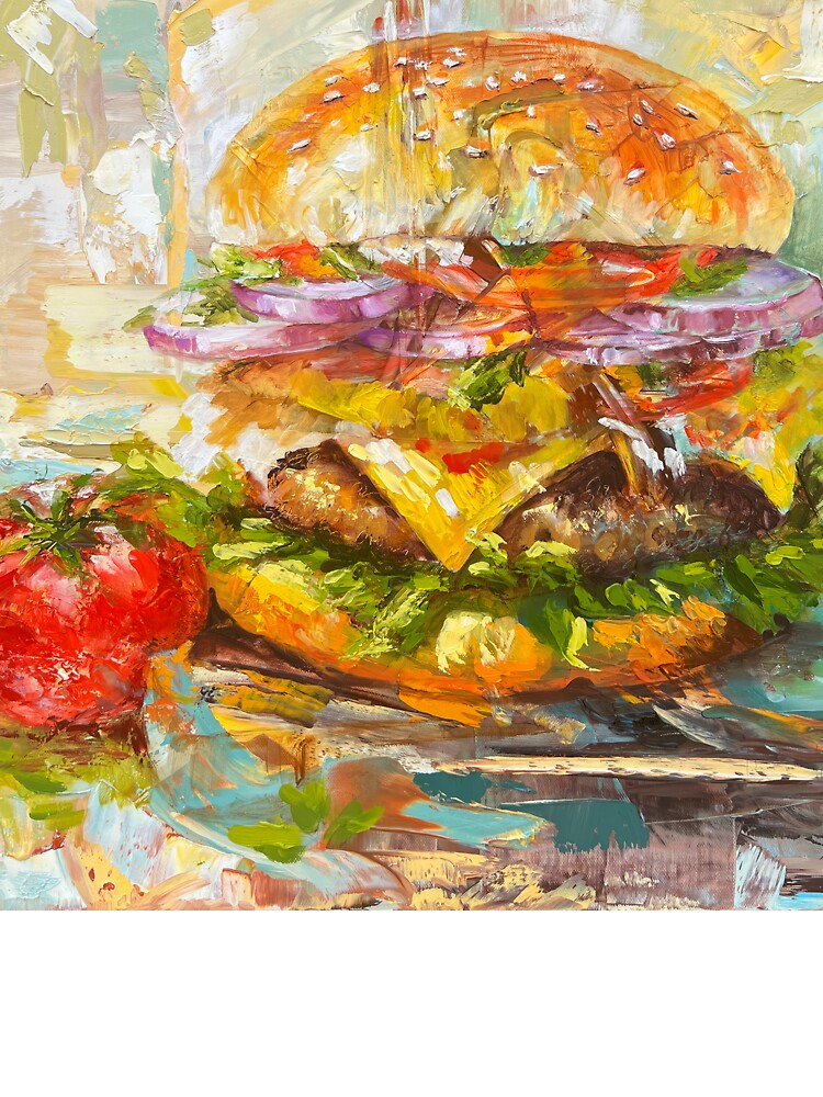 Cheeseburger Painting – Colorful Burger Food Art by AlisaArtDecor