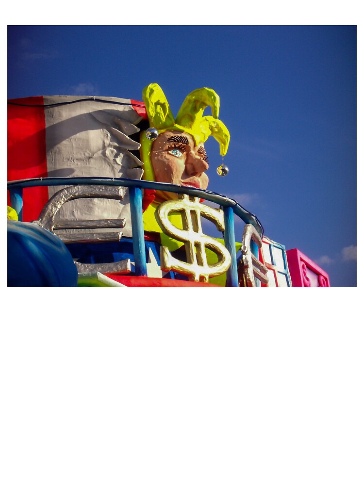 Colorful Satirical Carnival Float With Jester Head and Giant Dollar Sign at Sunny Parade by Nmallia