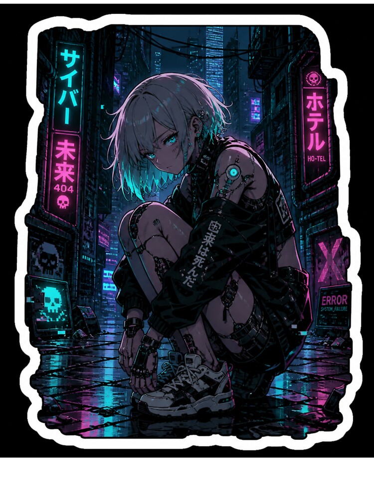 Cyberpunk Neon Anime Girl – Dark Futuristic Aesthetic Sticker by ZenOtaku Lab