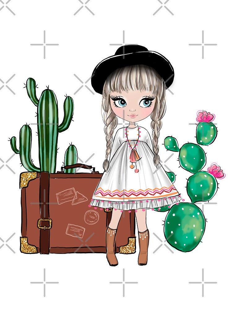 Boho style cute girl with cactus girly illustration 2 by Lalanacliparts
