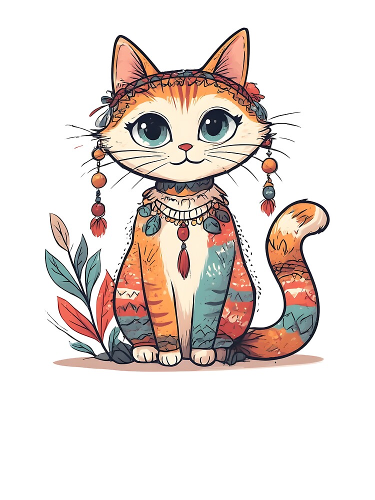 Boho Cat Illustration – Cute Tribal Style Kitty with Floral Accessories by Karolina’s Cozy Creations