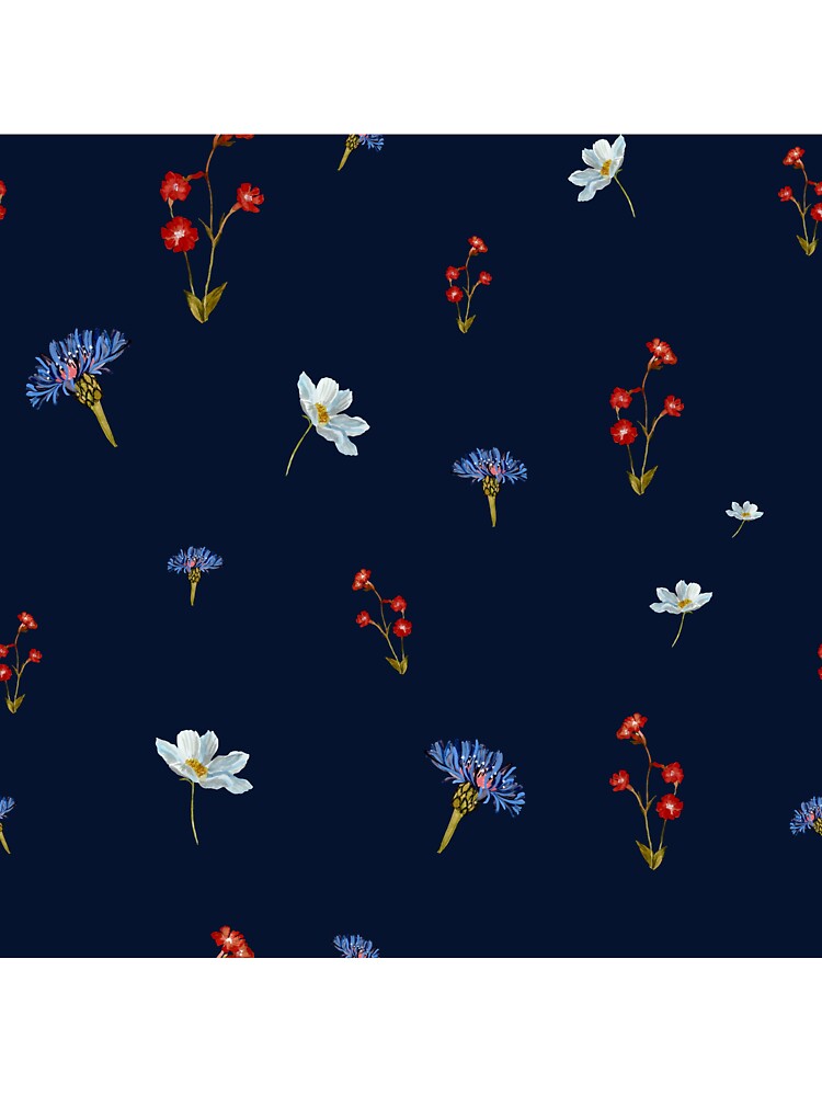 Flower blue red daisy seamless watercolor pattern blue by Yana Mustafina | Boho Soulful Designs