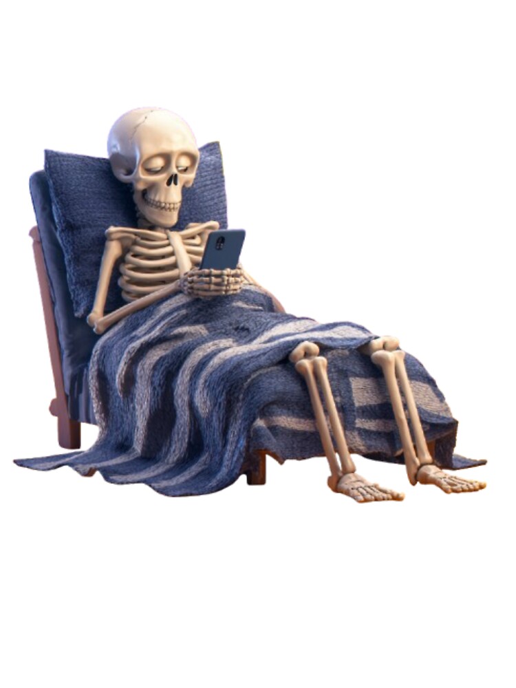 Bone Tired | Funny Skeleton with Phone Halloween T-Shirt by AlexLineArt