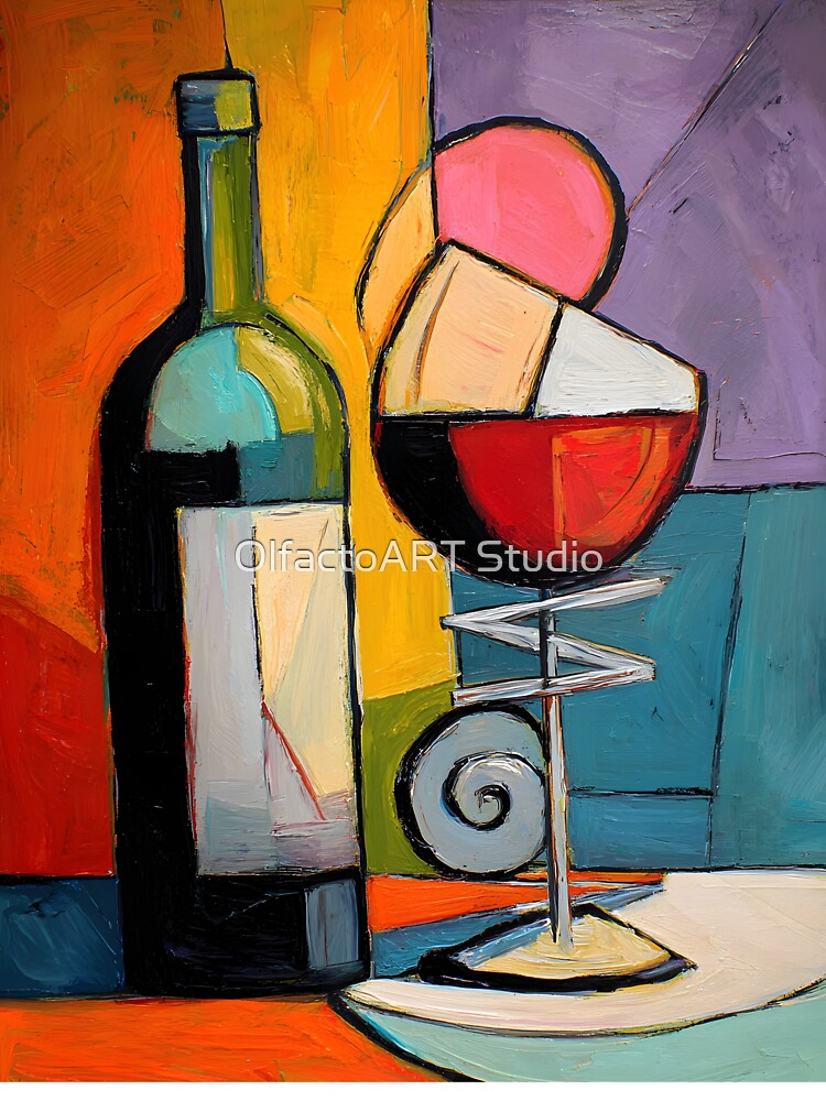 Cubist Wine Bottle and Glass - Bold Geometric Still Life with Vibrant Modern Color Composition by OlfactoART Studio