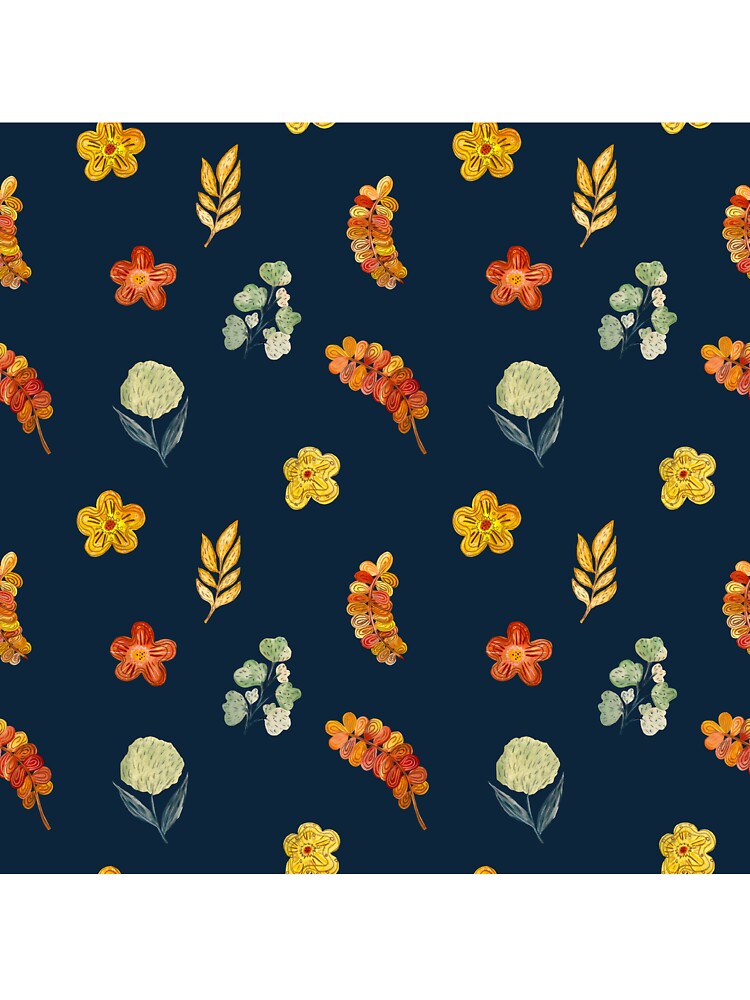 Flower red green orange simple seamless pattern blue by Yana Mustafina | Boho Soulful Designs