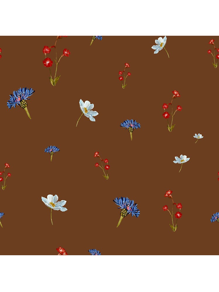 Flower blue red daisy seamless watercolor pattern brown by Yana Mustafina | Boho Soulful Designs