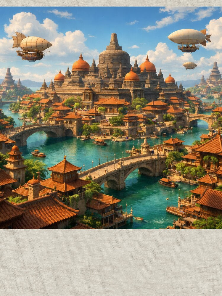 Fantasy Java Sky City – Magical Island Cityscape Wall Art with Airships by Spiritveil