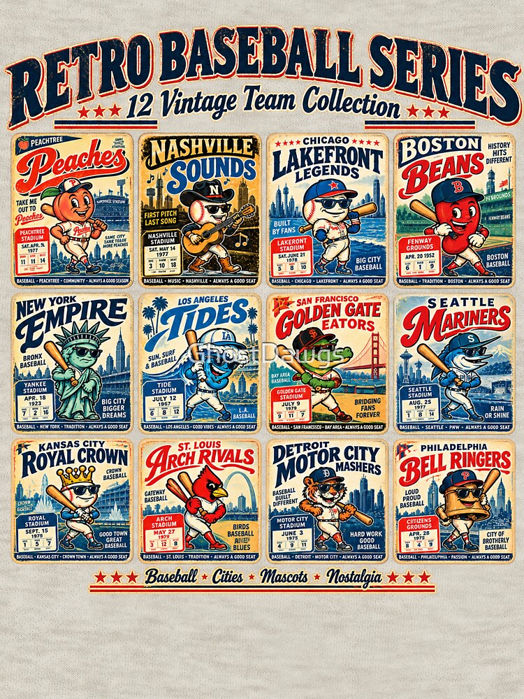 Retro Baseball Series 12 Team Collection Shirt, Vintage Baseball Cities Mascots Tee, Old School Sports Poster Graphic by GhostDawgs
