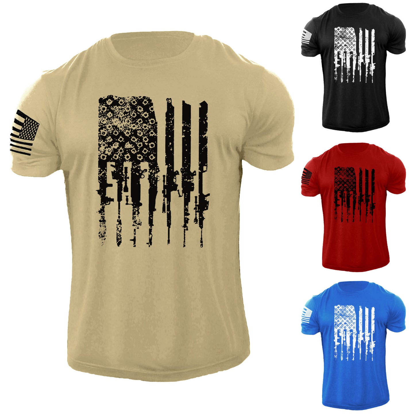 New Men's USA Distressed Gun Flag Bullets T Shirt American Patriotic 100% Cotton