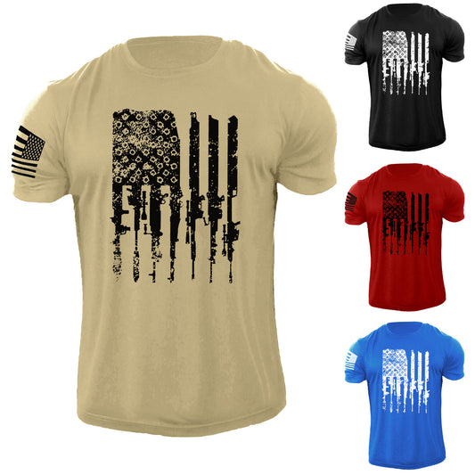 New Men's USA Distressed Gun Flag Bullets T Shirt American Patriotic 100% Cotton