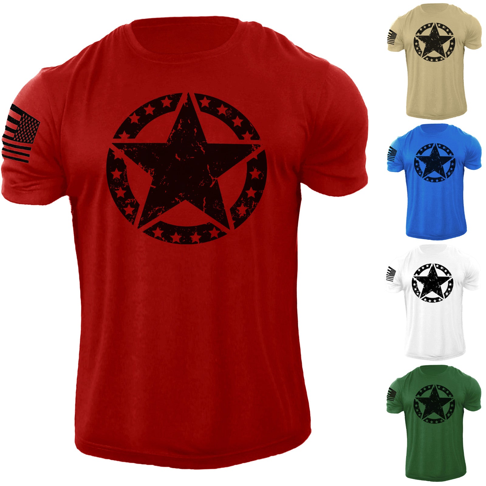 Men's USA Flag American Army Star T Shirt Patriotic 100% Cotton Tee