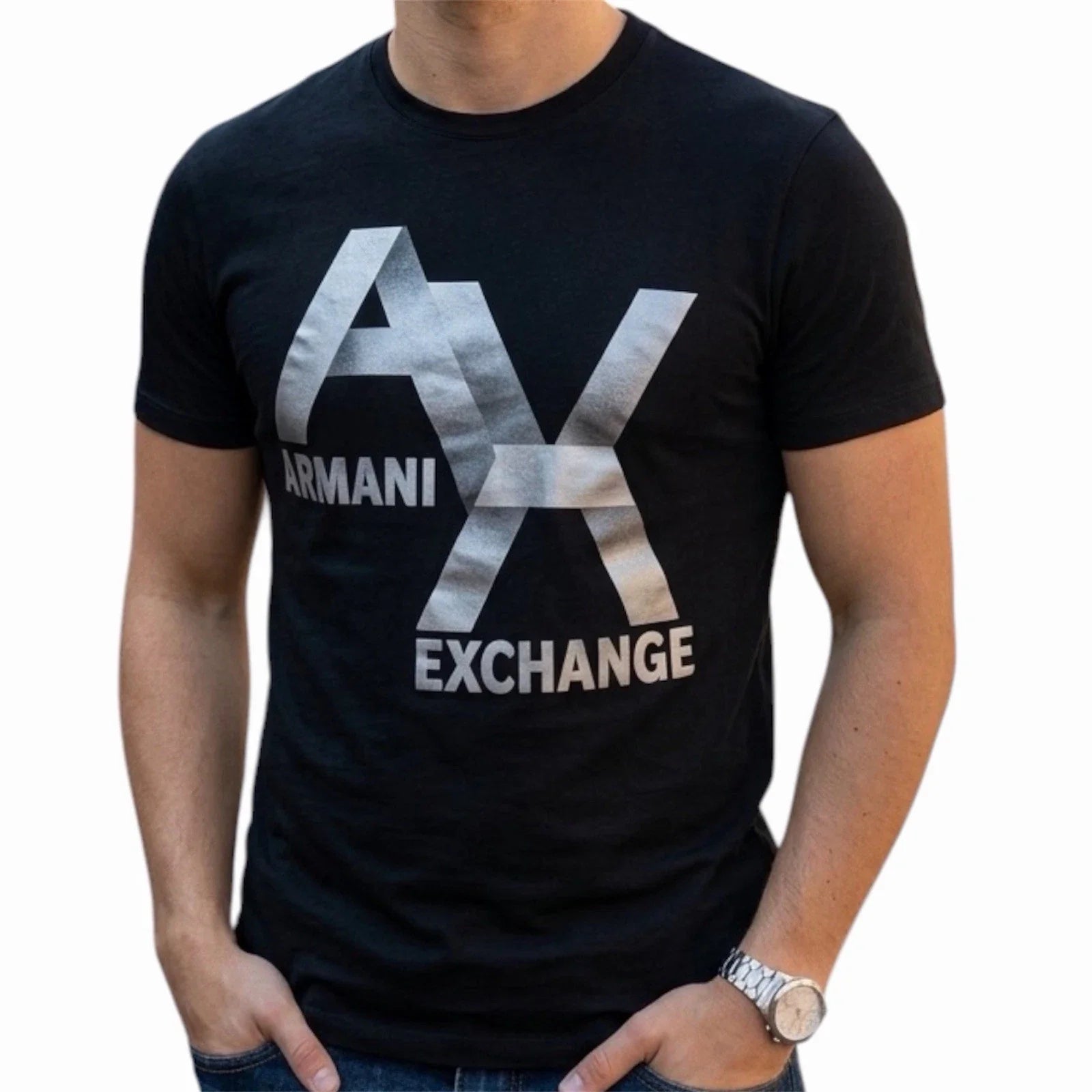 Armani Exchange Black Silver Ax Logo Short Sleeve Slim Fit Designer Nwt Tee (1)