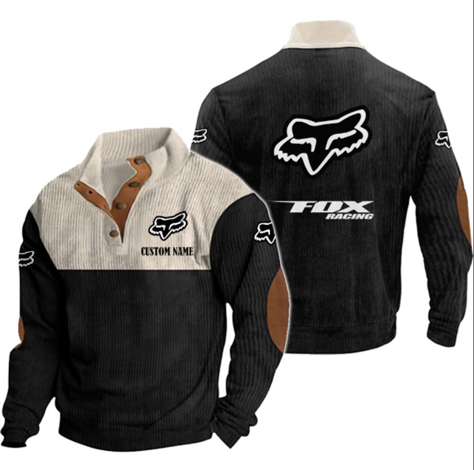Customize Name Racing Fox Men’s Corduroy Stand Collar Sweatshirts