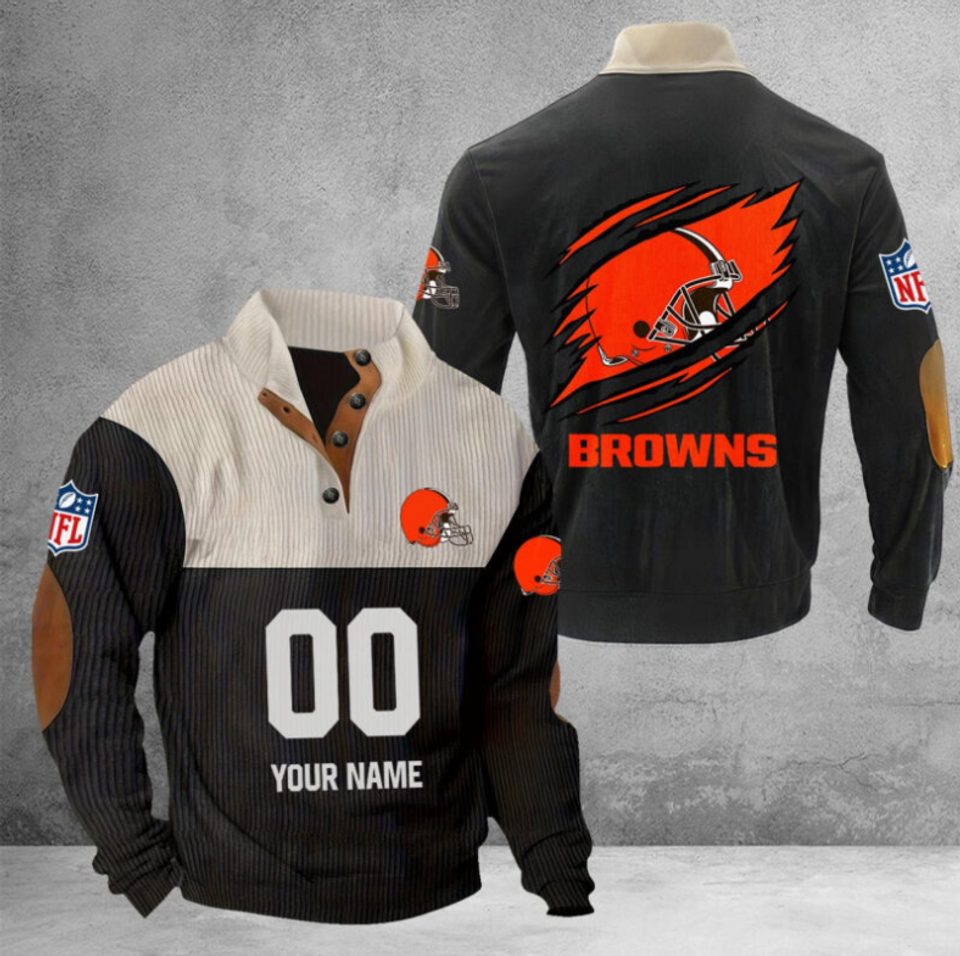 Customize Name And Number Browns Football Corduroy Stand Collar Sweatshirts