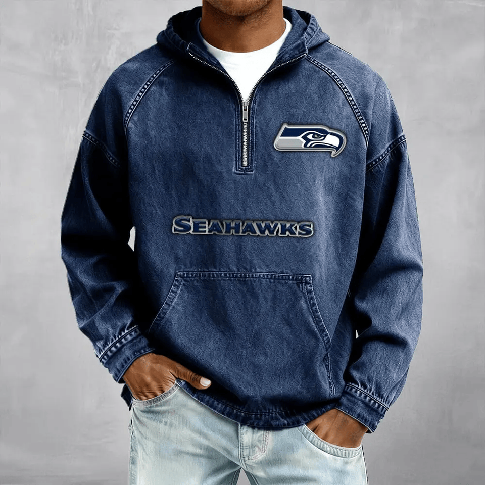 Seattle Seahawk Men's Half-Zip Denim Hoodie For Fan