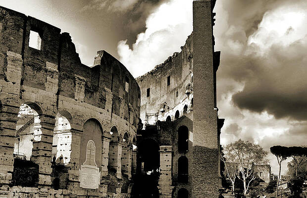 Sepia View Of The Coliseum In Rome Italy On A Cloudy Day Print