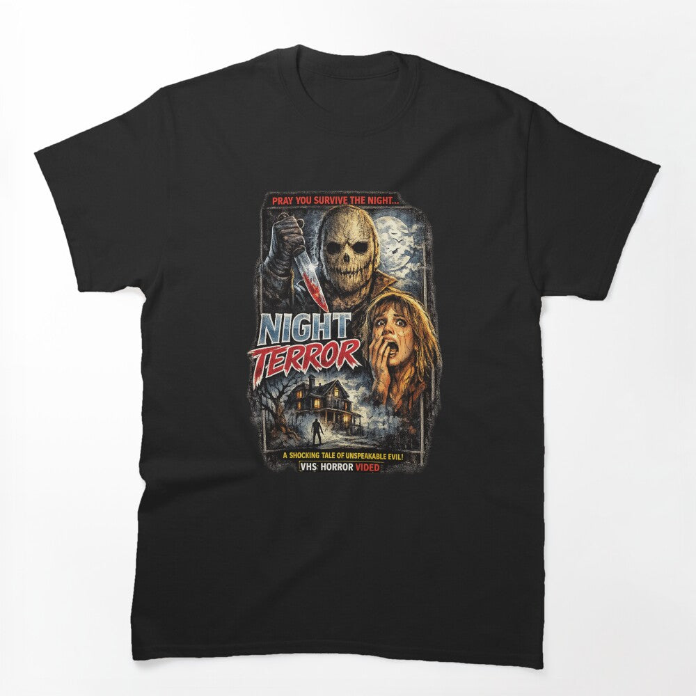 Vintage VHS Horror Movie Poster T-Shirt – Retro 80s Slasher Aesthetic by 486DesignCo